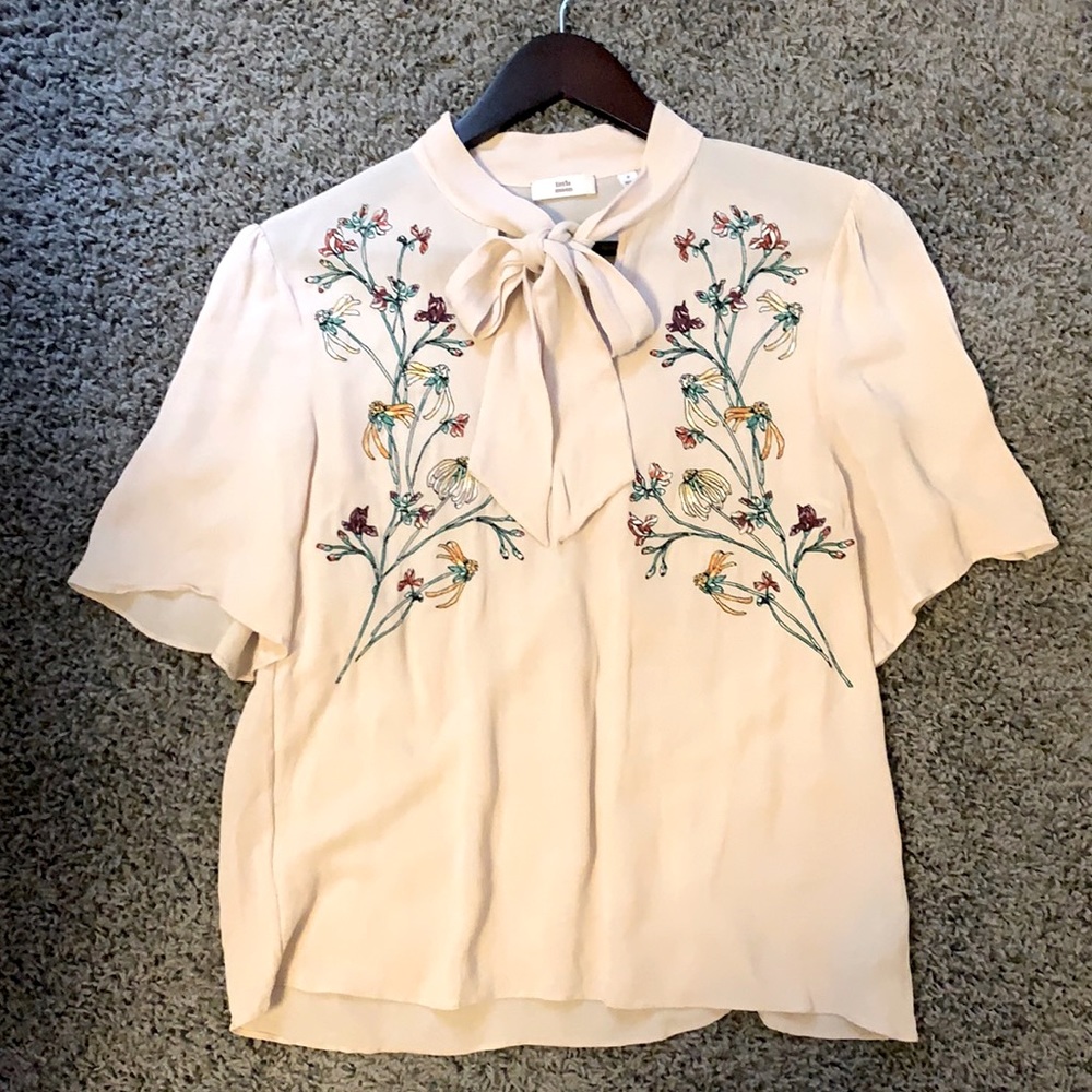 Little Moon Cream Floral Embroidered Tie-Neck Blouse